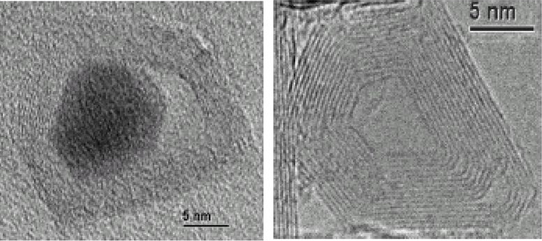 填充金屬奈米碳球(左)與中空奈米碳球(右)的電子顯微鏡照片